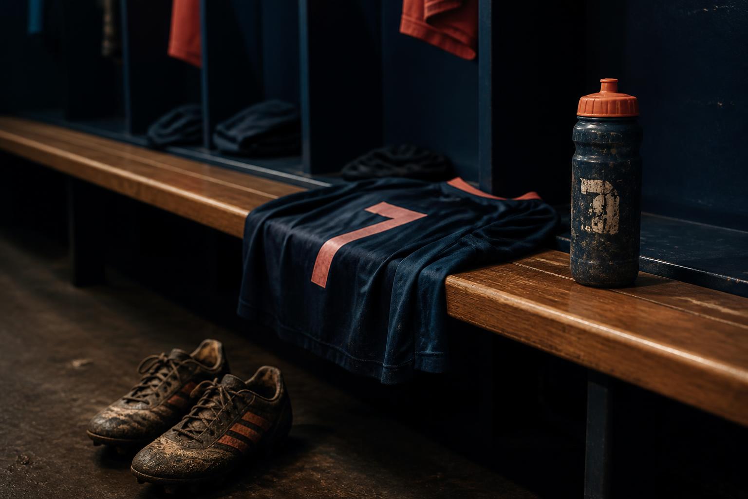 A navy youth jersey with the number one, muddy cleats, and a worn water bottle on a locker room bench, no people visible