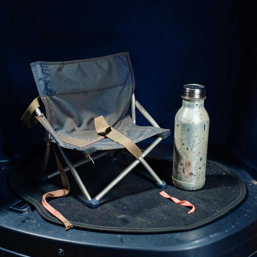 A worn folding camp chair and a scuffed water bottle in an open car trunk at night