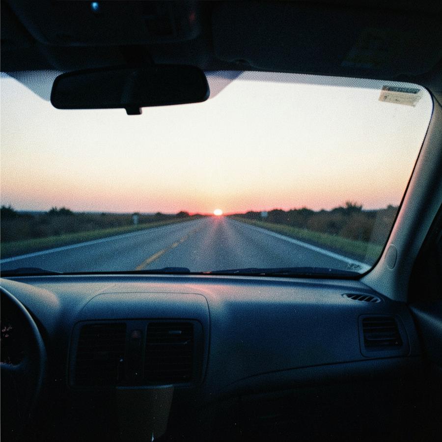 The view through a car windscreen at sunrise on an empty road